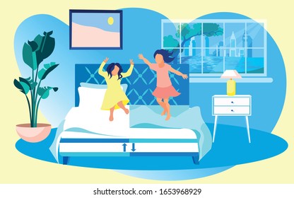 Two Girls, Sisters or Friends, Fooling Around Parents Bedroom and Jumping on Bed with Comfortable Mattress. Spacious Room with Monstera Planter on Floor. Big Window with Summer City Outside.