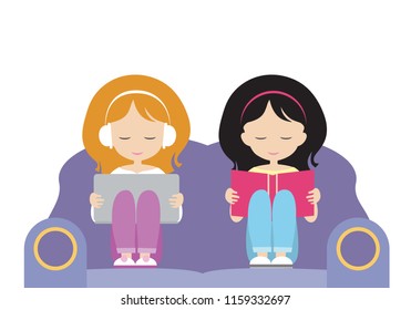 Two girls, sisters sit together on the seat, one reads a book, the other watches a movie on the laptop or listens to music. Vector, isolated on white background.