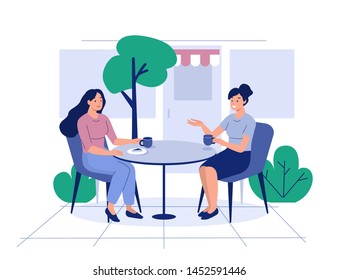 Two girls sit in cafe and drink coffee. Flat style modern vector illustration.