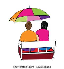 Two girls sits on the bench with colorful umbrella. Girls under the beautiful rainbow.