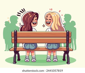 Two girls sits on a bench with people around and smiles at each other. Vector illustration. Cartoon characters