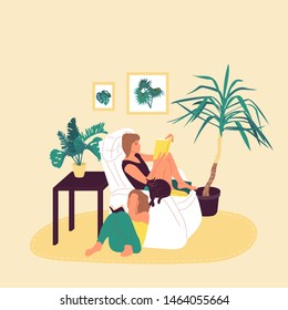 Two girls are sitting in armchair and reading book together in cosy room with potted tropical plants. Isolated on white background. Flat style cartoon stock vector illustration.
