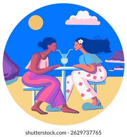 Two girls sitting at a beach table, sharing a tropical cocktail. Minimalist summer scene with warm sand and clear sky. Flat design, clean lines. Perfect for travel, friendship, or cafe themes. 