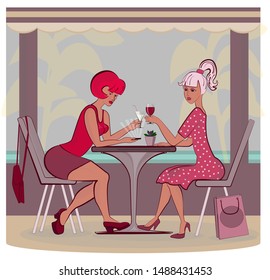 two girls sitting in a cafe, drinking light alcoholic beverages. Illustration in cartoon style, the concept of friendship, meeting friends. vintage colors.