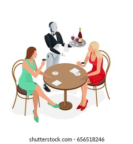 Two girls are sitting in a cafe. Robot waiter in tuxedo and gloves holding a wine and goblets tray and napkin. Isometric vector illustration