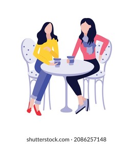 Two girls sitting at cafe table with take out coffee cups isolated on white background - cartoon women friends having a drink together. Flat vector illustration.