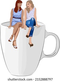 Two Girls Sitting On The Big Coffee Mug. Funny Cartoon Vector Hand Drawn Illustration.