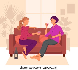 Two girls are sitting on the couch and talking. Young women drink wine and laugh. Meeting friends. Window and silhouettes of potted flowers in the background. Vector illustration in flat style.