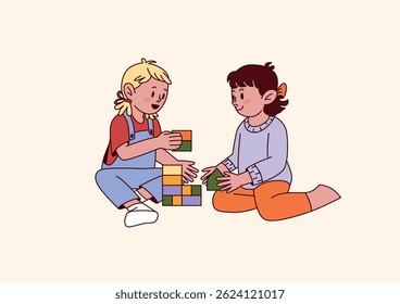 Two Girls Sitting On Floor Building Tower From Colorful Toy Blocks Together. Indoor Activity In Baby Room. Flat Vector Illustration Isolated On White Background