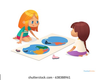 Two girls sitting on floor and trying to assemble world map puzzle. Educational activities for children. Learning through play concept. Vector illustration for poster, website, flyer, advertisement.