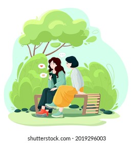 
Two girls are sitting on a park bench and looking into a smartphone. Vector illustration in cartoon style. Live from the street. Nice summer day. Messages from social networks.
