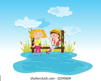 Two girls sitting on a pier near the water