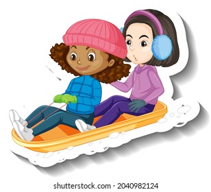 Two girls sitting on snow sled cartoon character sticker  illustration