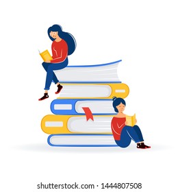 Two girls sitting on a stack of books and reading. Female character read a book. The concept of training, education, literary festival.