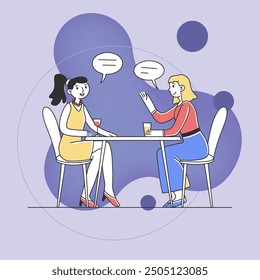 Two girls sitting at table in cafe and talking flat vector illustration. Happy friends hanging out and having lunch together. Friendship and communication concept