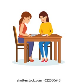 Two girls sitting at the table decide working moments, discuss, exchange materials. Modern vector illustration isolated in cartoon style.