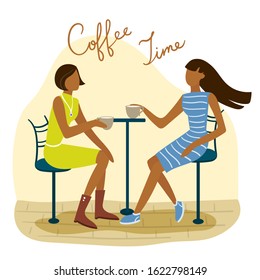 Two girls sitting at table, drinking coffee and talking. Friendly meeting and conversation at cafe. Cute cartoon characters. Colorful vector illustration in flat style