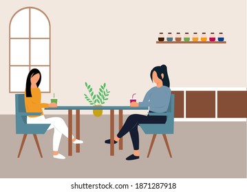 Two girls sitting at table, drinking coffee and talking. Friendly meeting and conversation at cafe. Cute cartoon characters. Colorful vector illustration in flat style. library, book, tablet