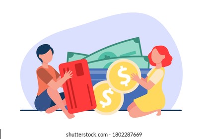 Two girls sitting together and counting money. Cash, credit card, wallet flat vector illustration. Finance, accounting, cooperation, budget concept for banner, website design or landing web page