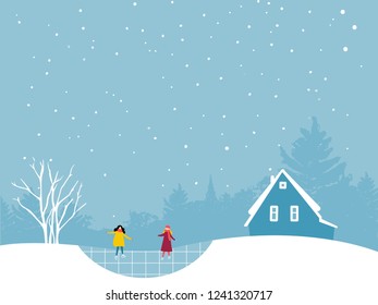 Two girls skating on ice rink. Winter landcsape flat illustration with trees and small house cabin