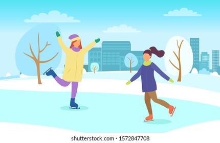 Two girls skating on rink together. Woman and kid spend leisure time actively outdoor. Happy childhood on winter holidays. People posing at skate-rink in park. Vector illustration in flat style