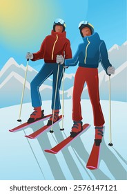 Two girls skiers stand with skis on a mountain slope. Vector illustration.