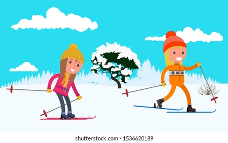 Two girls are skiing. Vector illustration, flat design.