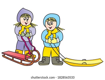 two girls, sleigh and bobsleigh, sports activity, vector illustration