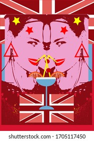 Two girls smiling with cocktail martini glass and British flag red colors.