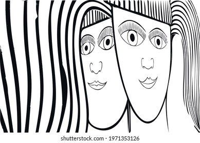 two girls smiling, illustration, vector graphic
