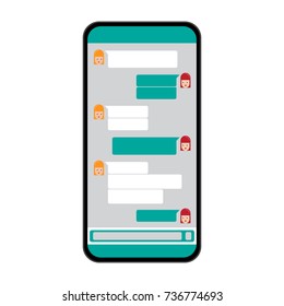 Two girls social media chat interaction on a smartphone. Illustration of two woman messaging in a modern smart phone's screen isolated on white background.