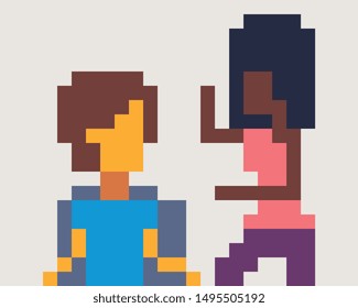 Two girls spend time pixel art vector illustration. Design for logo, sticker and mobile app.