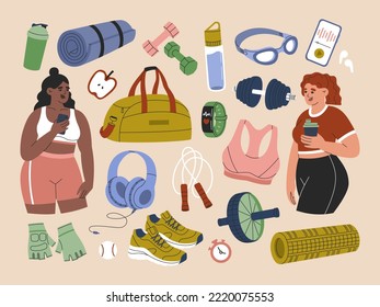 Two girls in sportswear, different sport inventory and accessories. Set of yoga mat, dumbbells, ab roller, sport gloves, jump rope, fitness tracker, foam roller, shaker, goggles. Vector illustration.