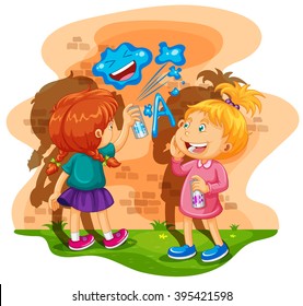 Two Girls Spray Painting The Wall Illustration