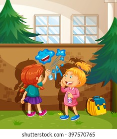 Two Girls Spray Painting The Wall Illustration