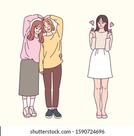 Two girls stand side by side making a heart shape with two arms. A girl is making a heart shape with her fingers. hand drawn style vector design illustrations. 