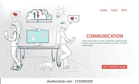 two girls stand with their backs to each other, communicate and online in the network, For a Website Or Mobile App, Artificial Intelligence Concept, outline Illustration in the style of a Doodle 