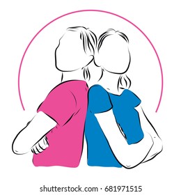 Two girls stand with their backs to each other and cross their arms over their chests. Pencil drawing picture