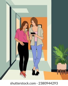 Two girls standing in modern office corridor.