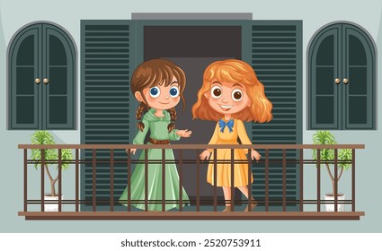 Two girls standing on a balcony, smiling