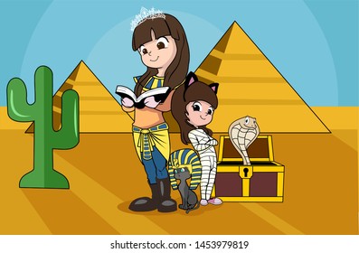 Two girls standing on dessert with  pyramid background vector cartoon illustration