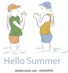 Two girls are standing in the water opposite each other and playing with their hands. The inscription Hello Summer. Color pencil drawing. 