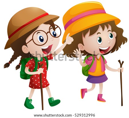 Two girls with stick and backpack go hiking illustration