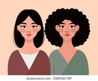 two girls with straight and curly hair, vector illustration