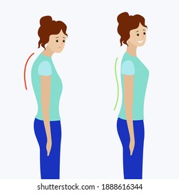 Two girls with a straight and curved spine. Isolated elements on a white background