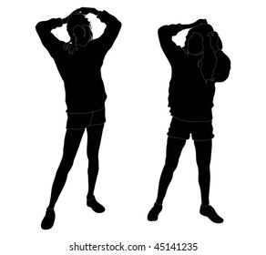 Two girls stretching / tying back their hair