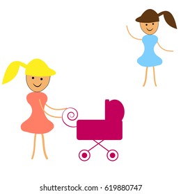 Two girls with stroller on white background. Vector illustration.
