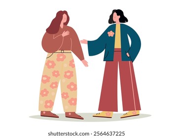 Two girls, student friends, are talking and communicating. Fashionable women in full height. Vector graphics.