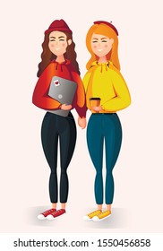 two girls students vector illustration