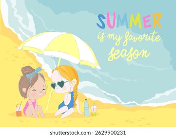 Two Girls sunbathe on Sea Beach Shores. Vector Illustration